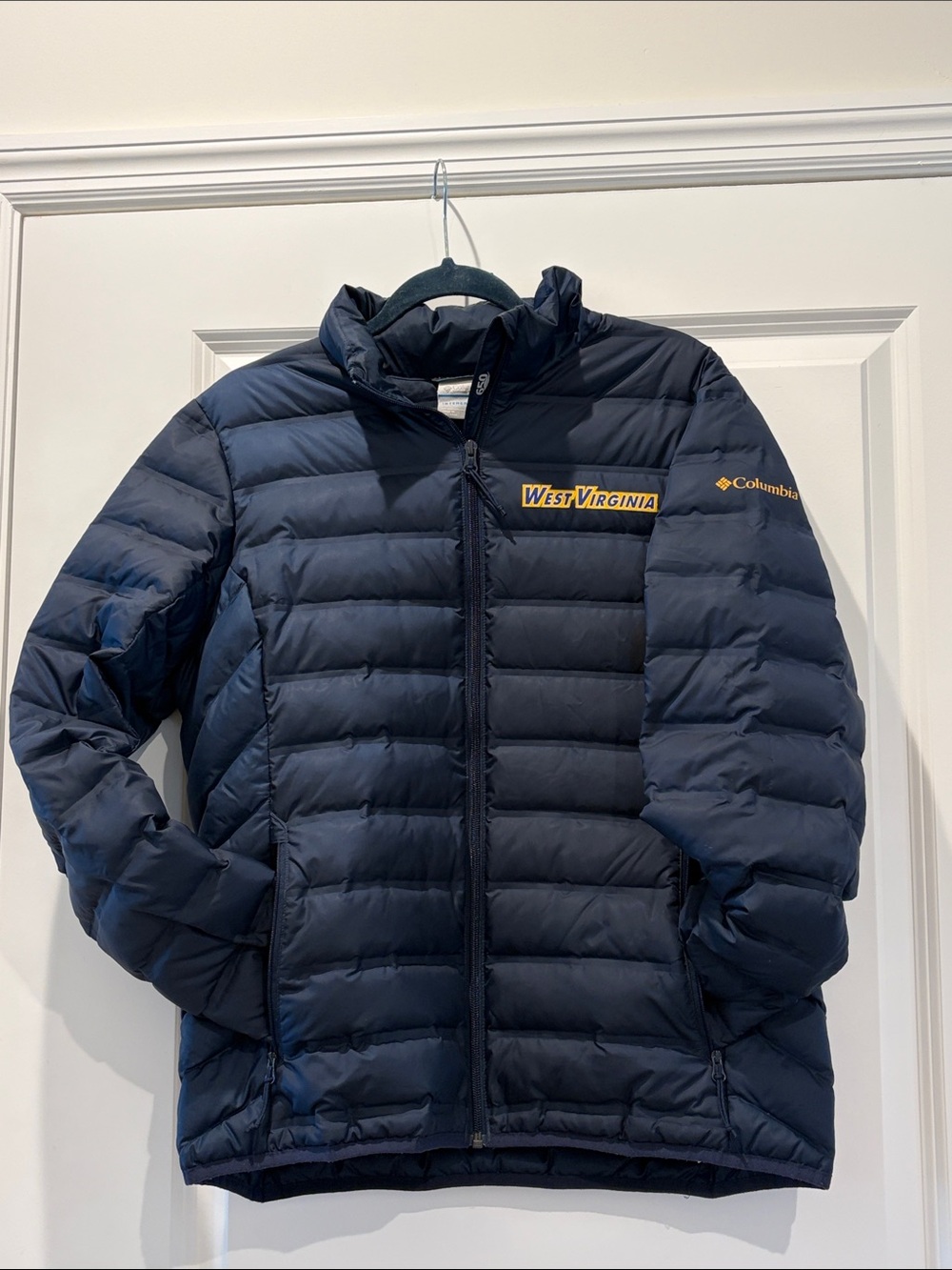 Columbia Navy Puffer women’s Jacket with Yellow West Virginia